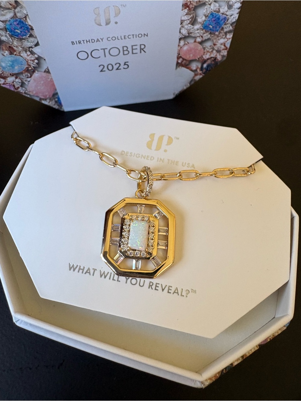 BP October Birthstone Gold Pendant Necklace with white Opal Center